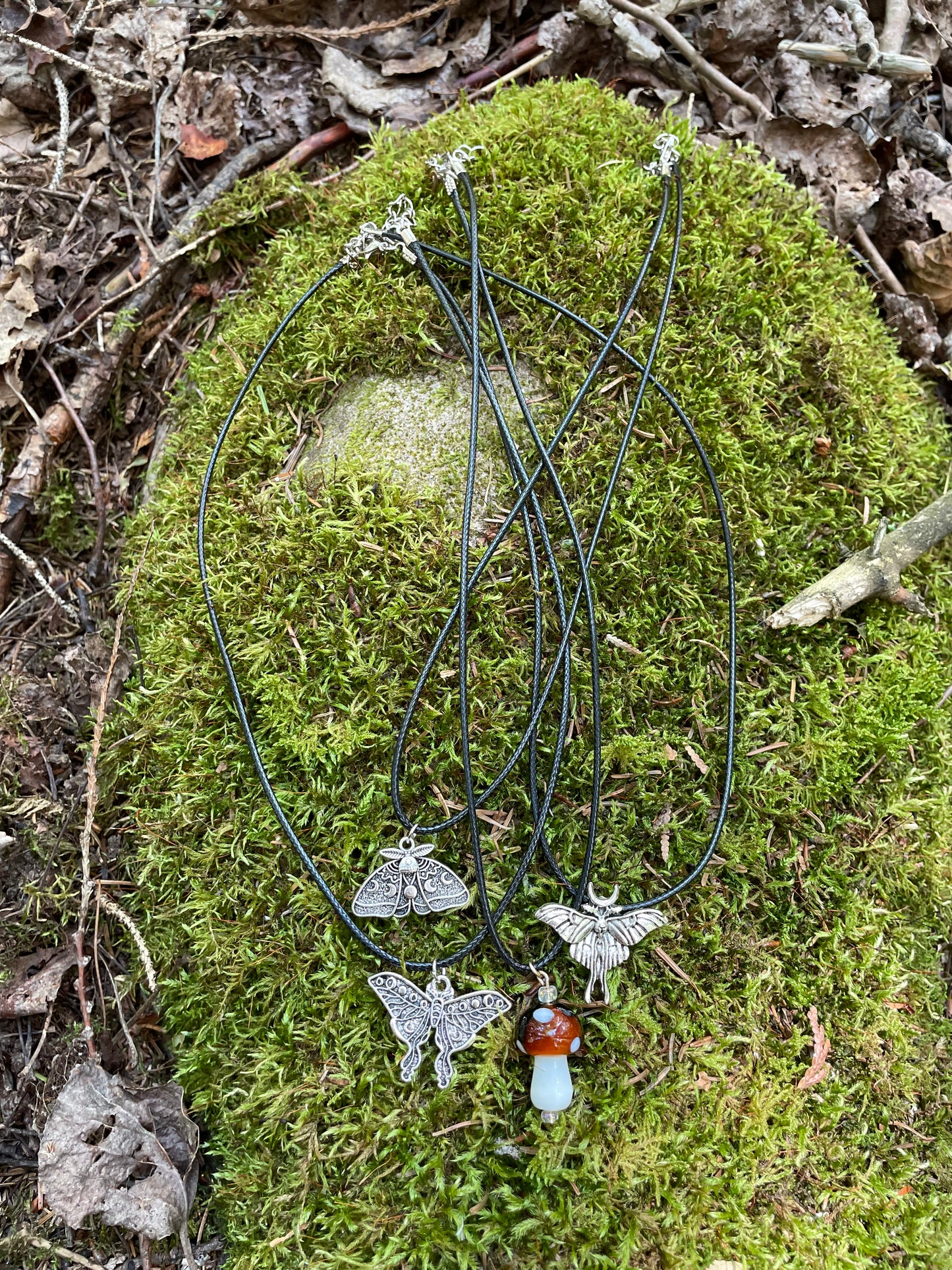 Moth and Mushroom Necklaces