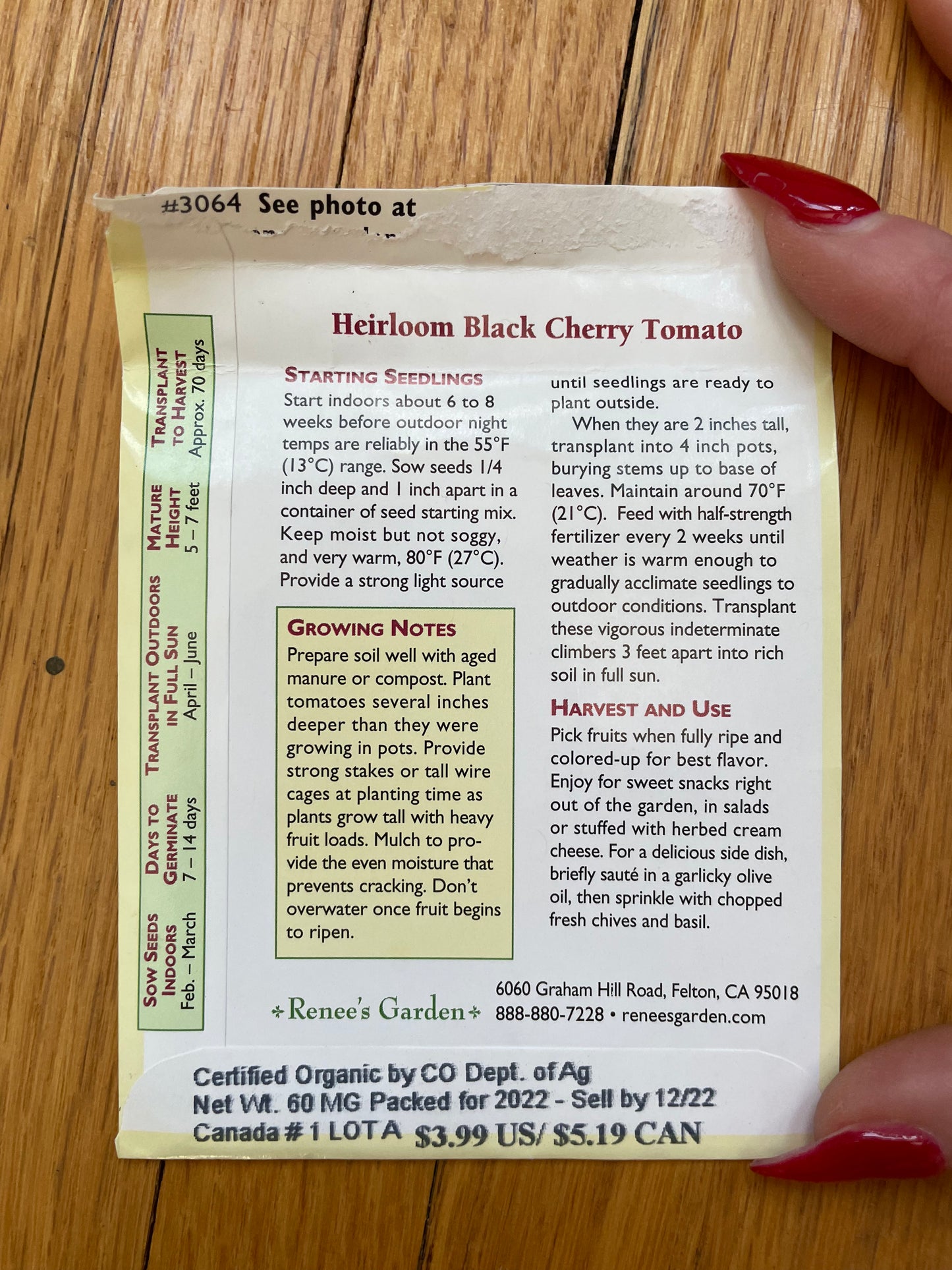 Organic Heirloom Black Cherry Tomato Seeds